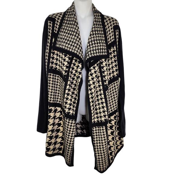 Sioni Sweater Cardigan Women Small Black Tan Patchwork Houndstooth Wool Cashmere - Picture 1 of 10